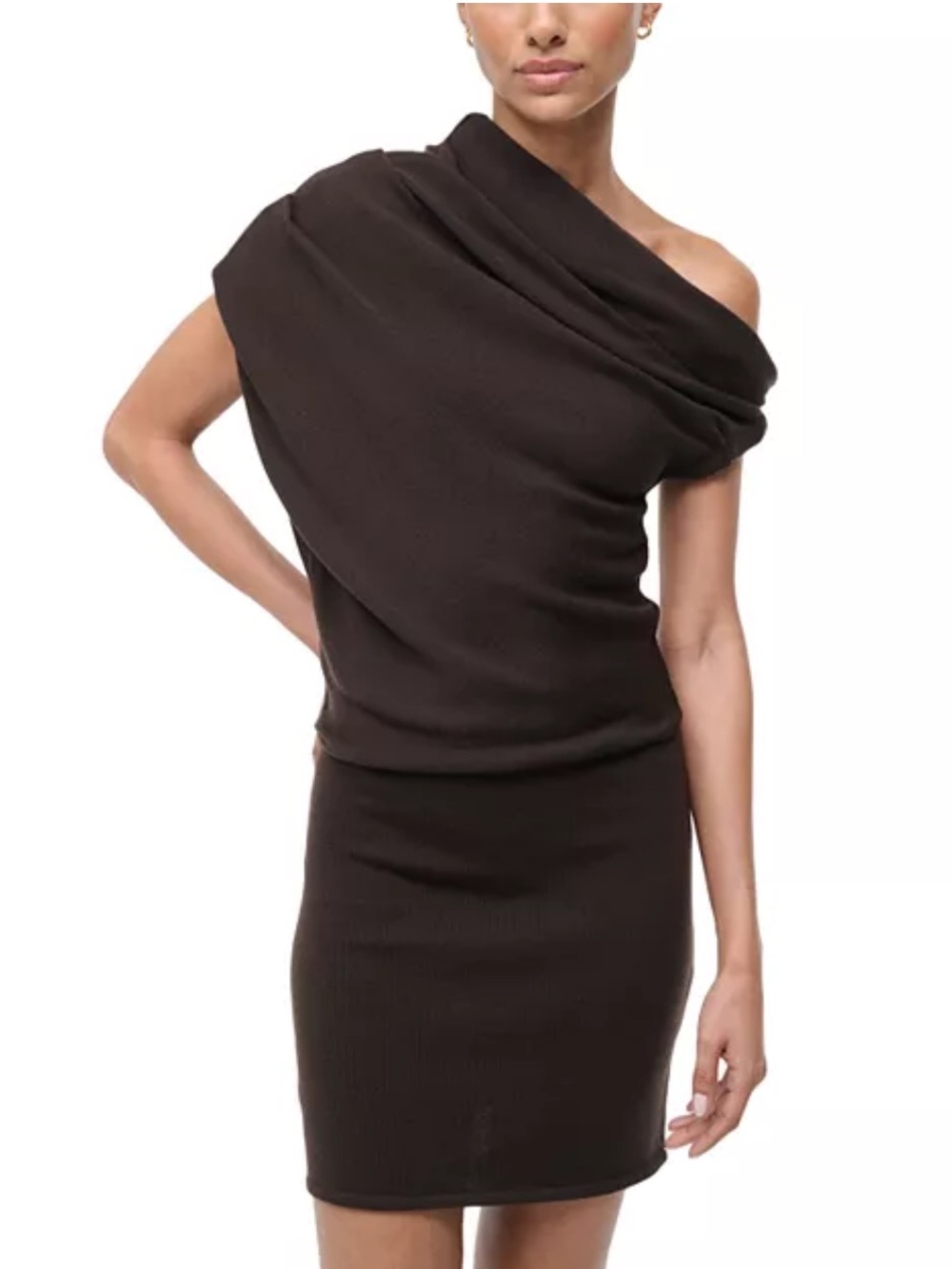 STAUD Off-Shoulder Brown Knit Dress